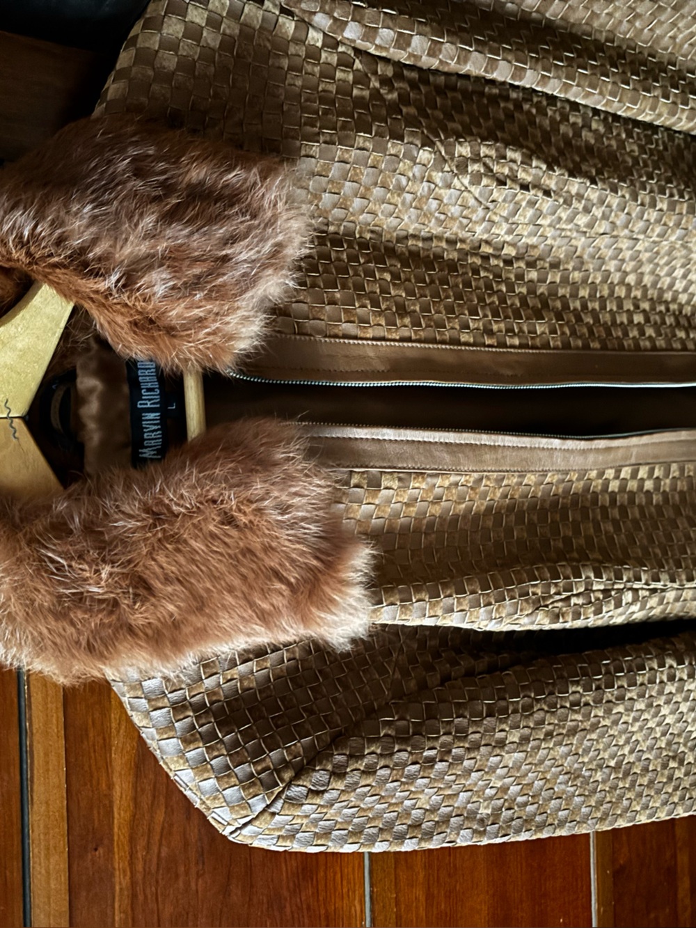 Marvin Richards Brown Woven Leather Jacket with Faux-Fur Collar